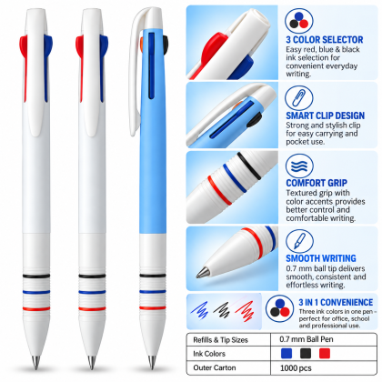 Tri Click 3-in-1 0.7mm Multi Color Promotional Ball Pen