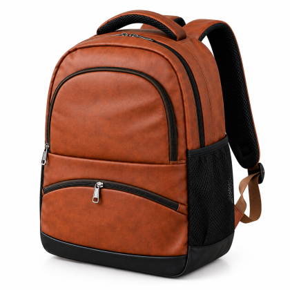 Premium Brown PU Leather MR Backpack with Custom Steel Logo Branding